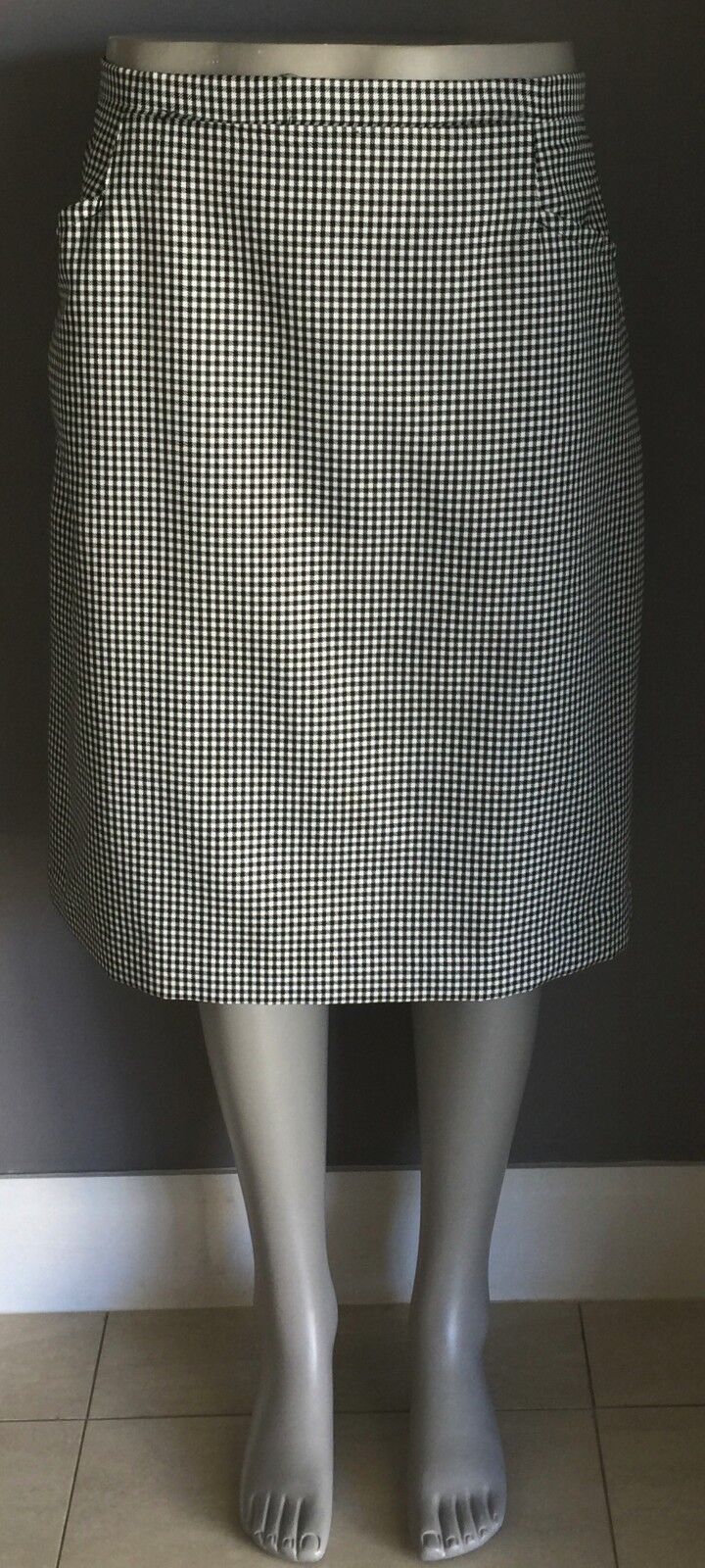 Vintage Straight Skirt Handmade Black & White Small Check Print Size 14