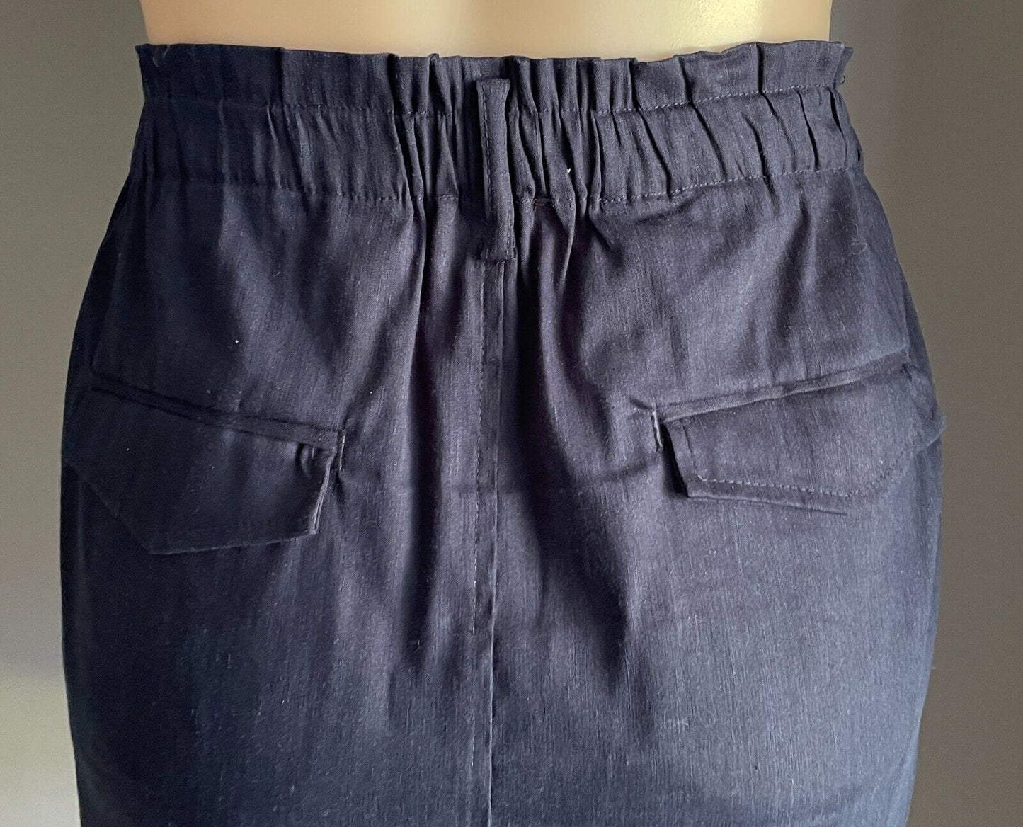 WITCHERY Skirt Navy Blue Linen Blend Elastic Waist Size 14 Pockets Short NEW