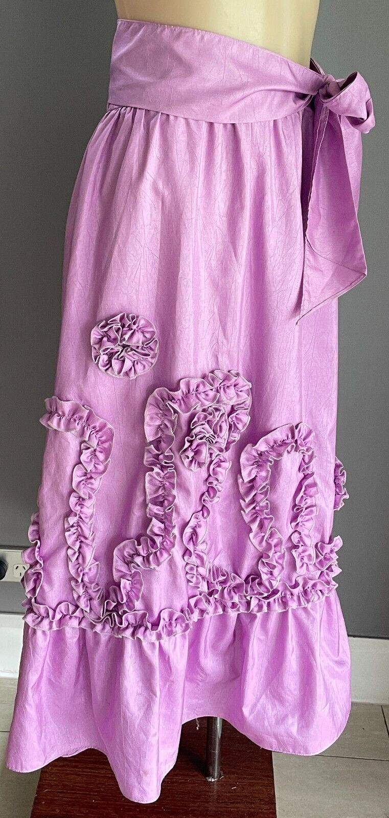 Soft Taffeta Midi Skirt Tier Mauve Lilac Purple Pink Applique Waist Tie Size 14