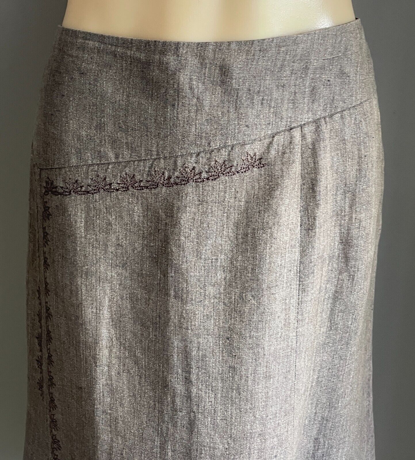 COUNTRY ROAD Skirt Brown A-Line Linen Asymmetric Hem Size 14 Floral Embroidery