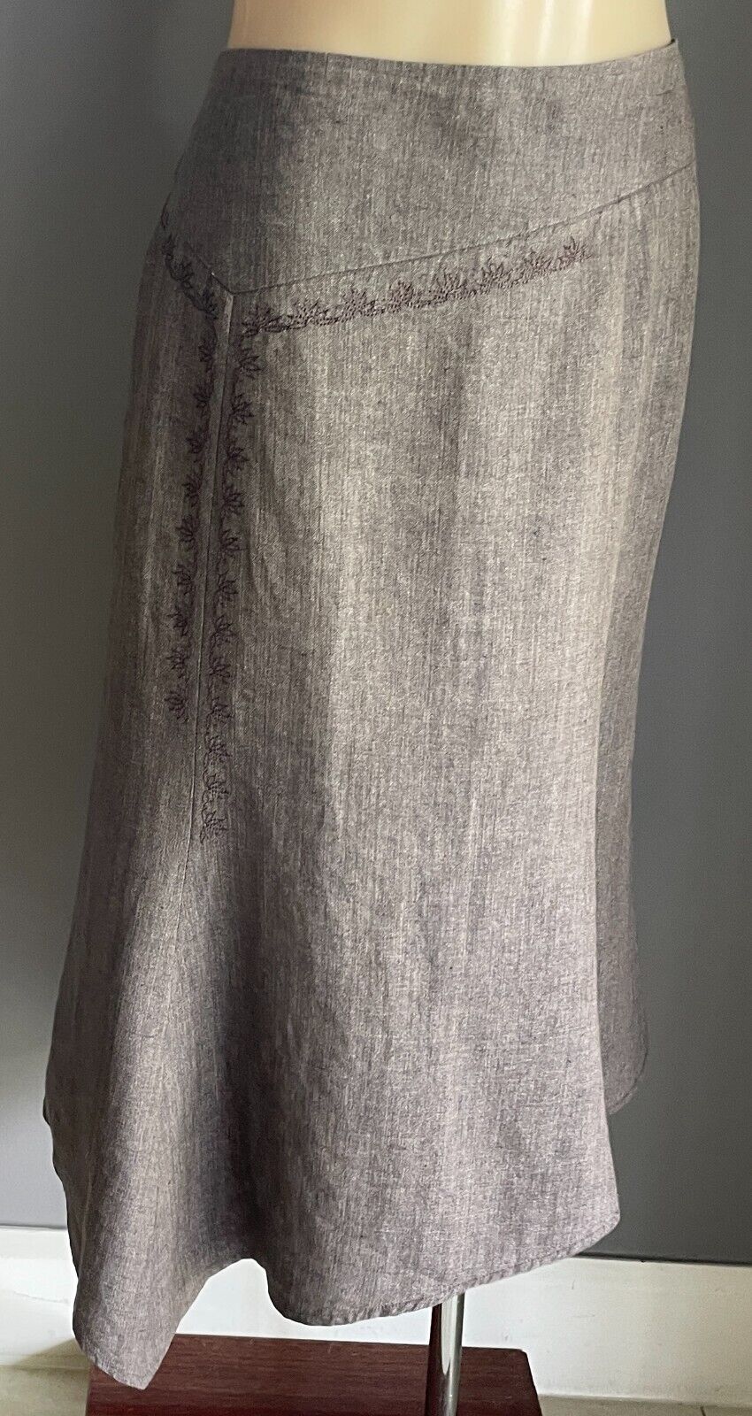 COUNTRY ROAD Skirt Brown A-Line Linen Asymmetric Hem Size 14 Floral Embroidery