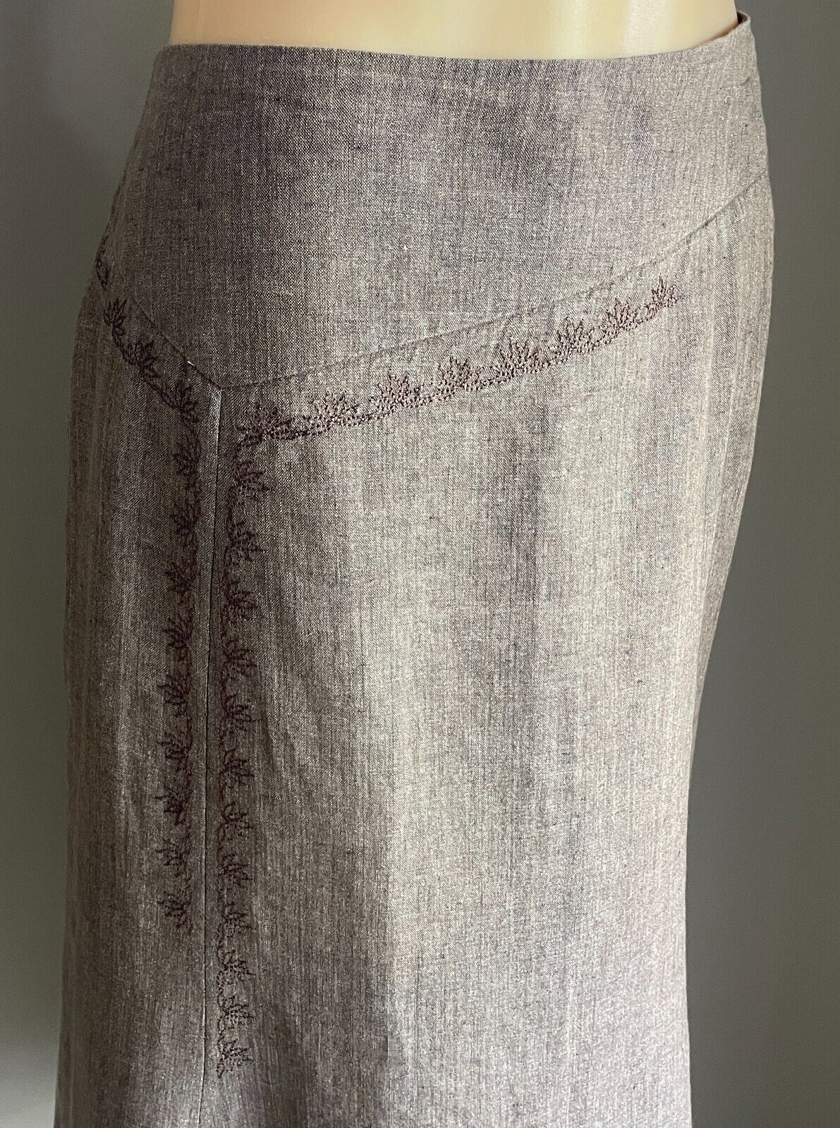 COUNTRY ROAD Skirt Brown A-Line Linen Asymmetric Hem Size 14 Floral Embroidery