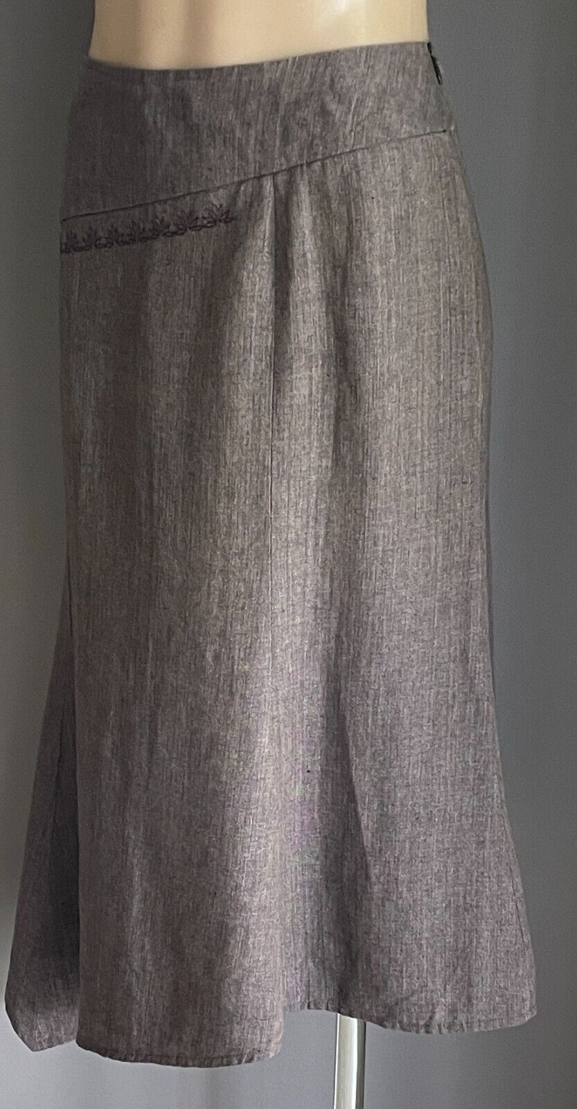 COUNTRY ROAD Skirt Brown A-Line Linen Asymmetric Hem Size 14 Floral Embroidery