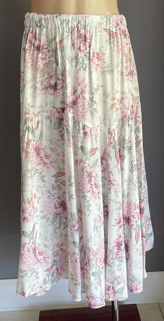 Vintage Viscose Midi Skirt Floral Elastic Waist Full A-Line Size 12 14