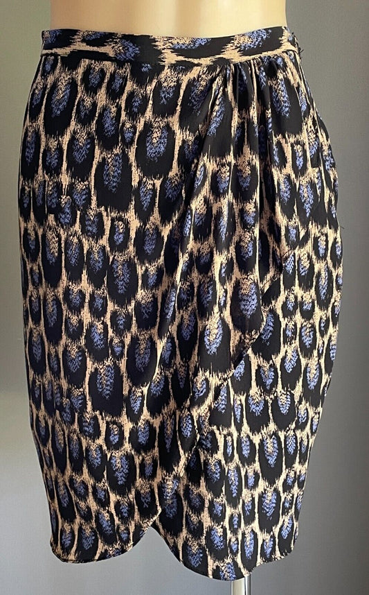 WITCHERY Skirt Faux Wrap Blue Black Beige Print Silk Size 14 Lined