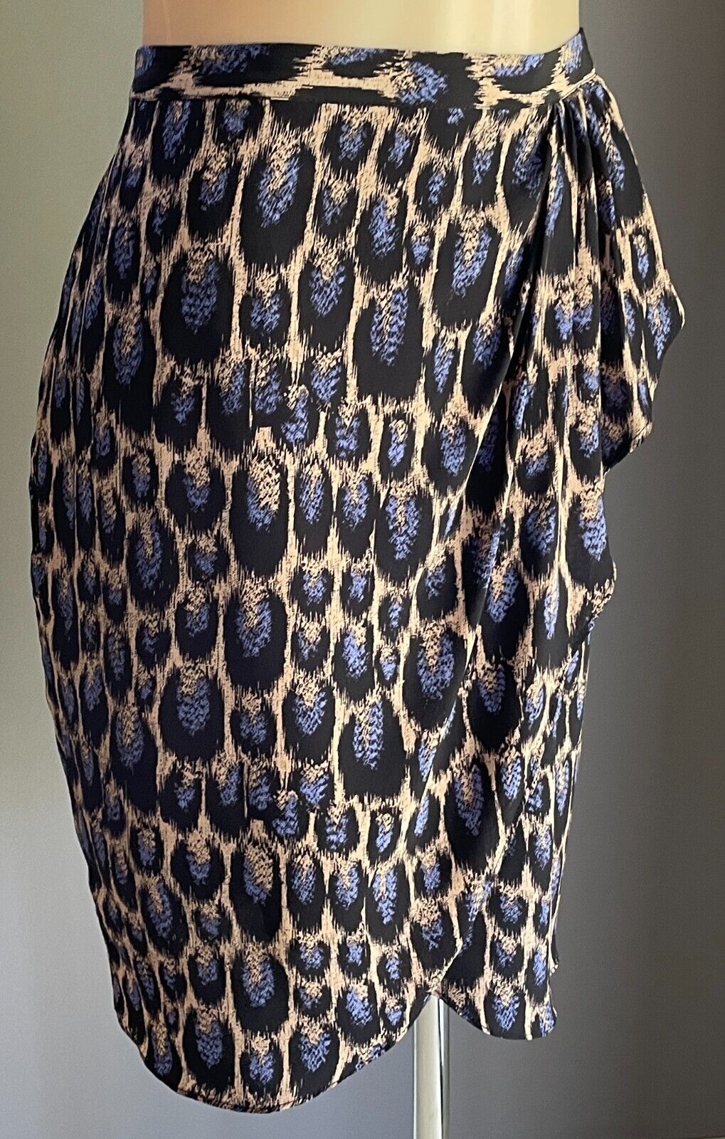 WITCHERY Skirt Faux Wrap Blue Black Beige Print Silk Size 14 Lined