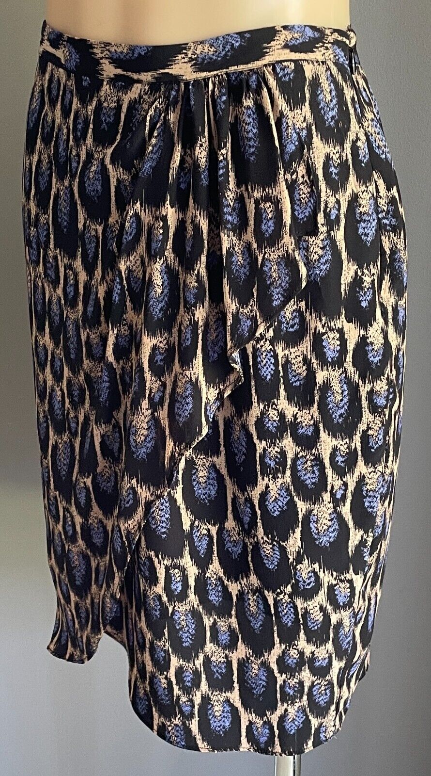 WITCHERY Skirt Faux Wrap Blue Black Beige Print Silk Size 14 Lined