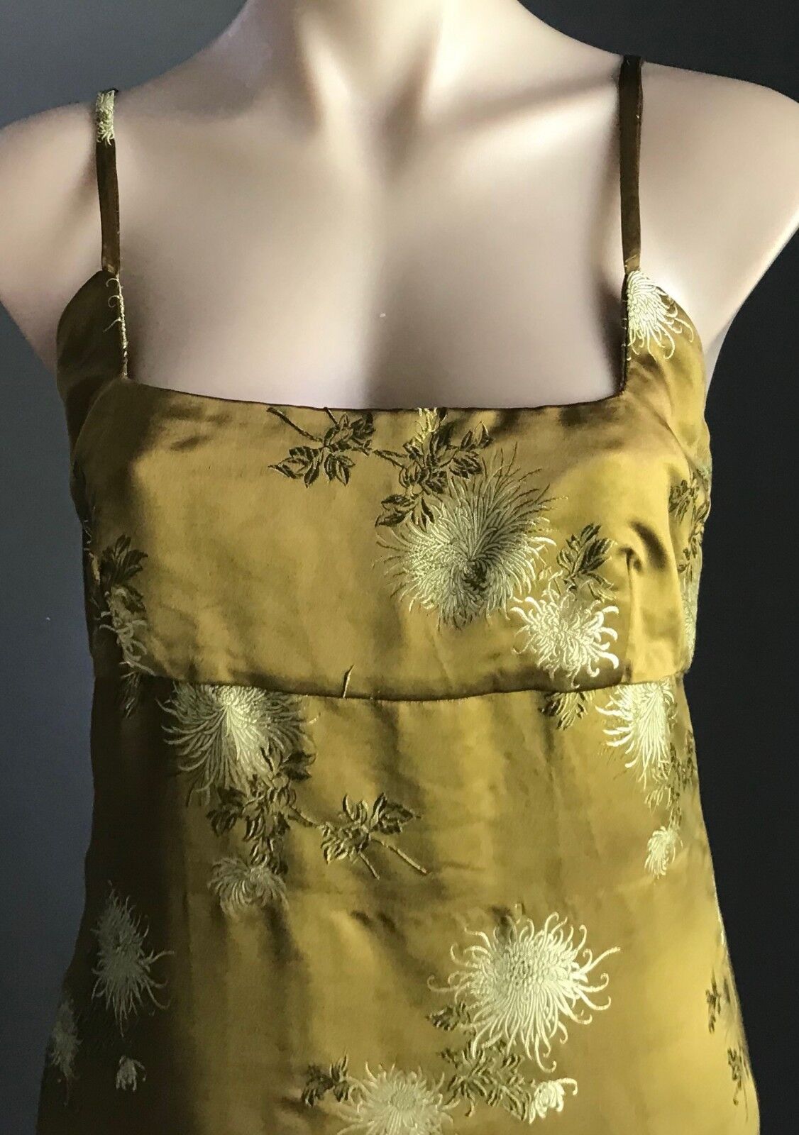HANDMADE Citrine Khaki Gold Floral Embroidered High Waist Long Dress Size 10
