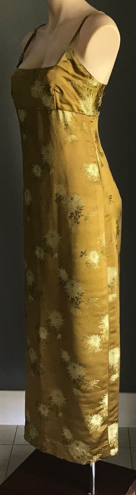 HANDMADE Citrine Khaki Gold Floral Embroidered High Waist Long Dress Size 10