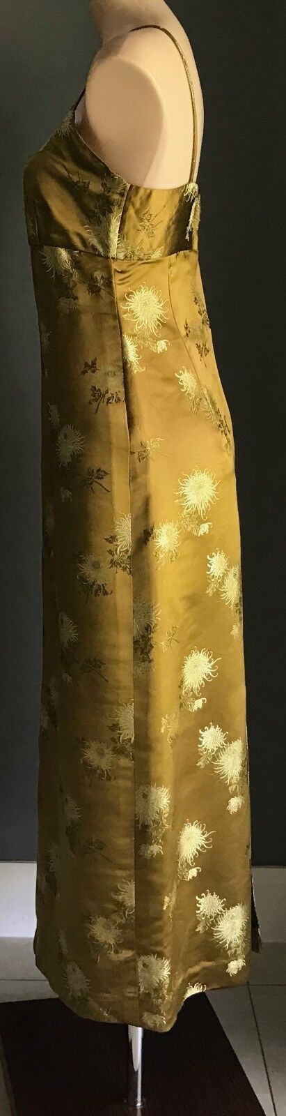 HANDMADE Citrine Khaki Gold Floral Embroidered High Waist Long Dress Size 10