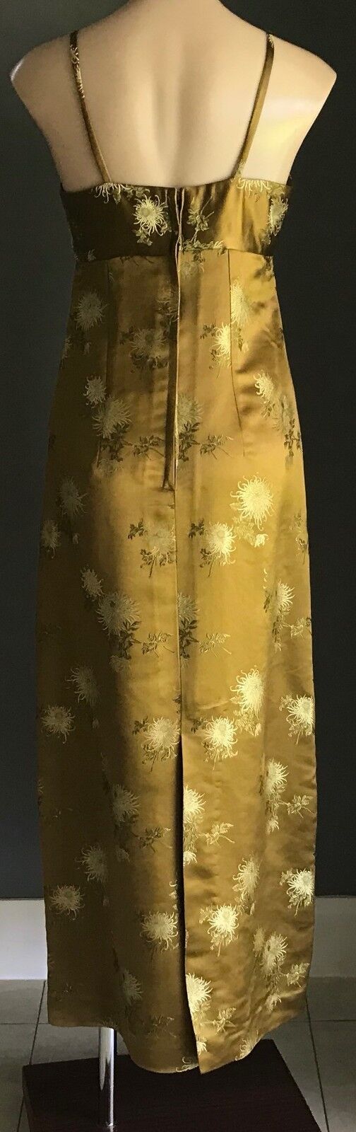 HANDMADE Citrine Khaki Gold Floral Embroidered High Waist Long Dress Size 10