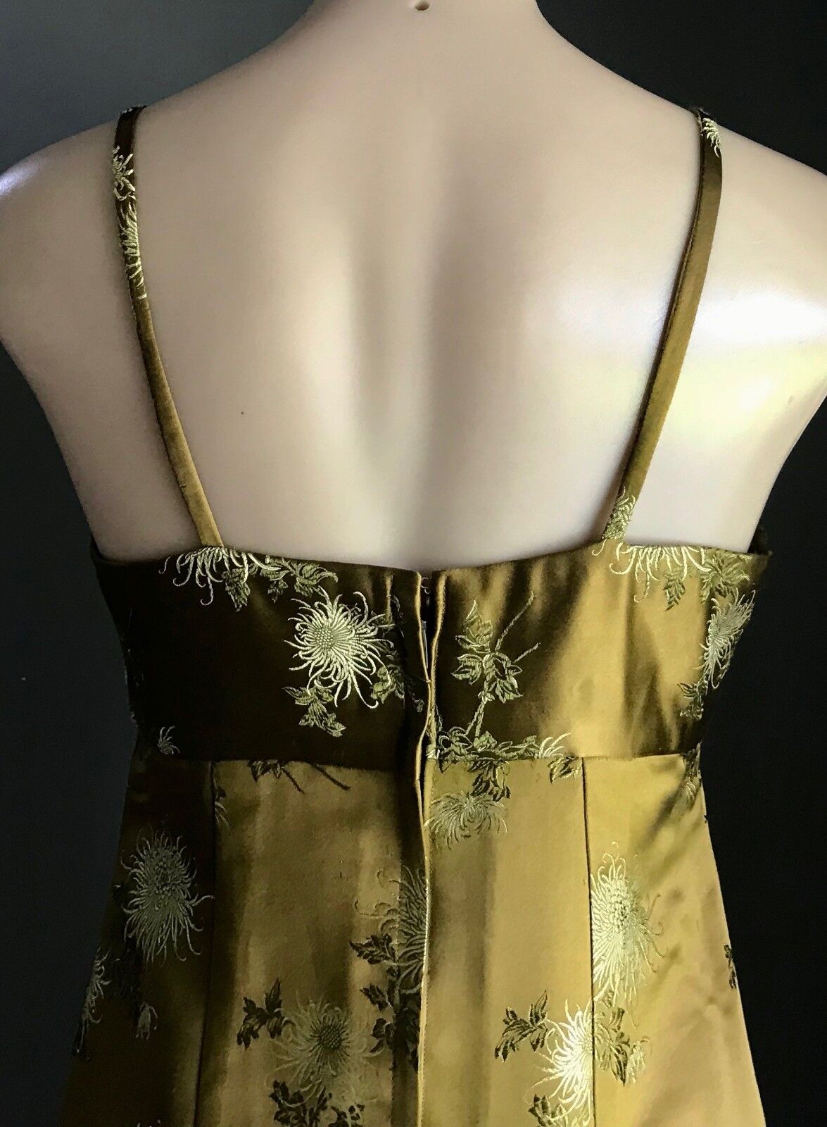 HANDMADE Citrine Khaki Gold Floral Embroidered High Waist Long Dress Size 10
