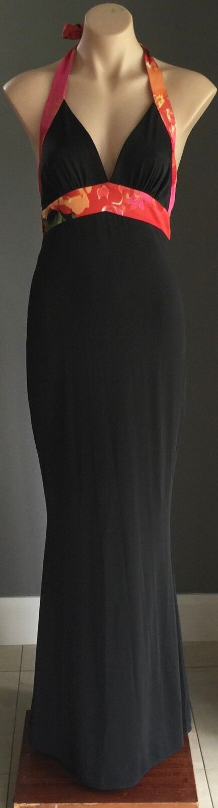 F GEAR Dress Gorgeous Floral & Black Halter Neck Open Back Gown Size 12 NEW