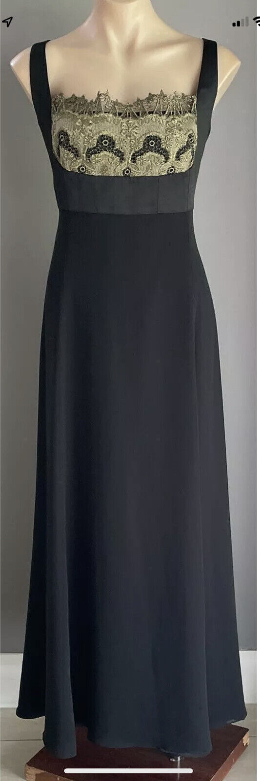 STUDIBAKER Long Gown Black Gold Lace Trim Criss Cross Back Maxi A-Line Dress 14