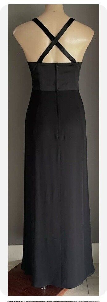 STUDIBAKER Long Gown Black Gold Lace Trim Criss Cross Back Maxi A-Line Dress 14