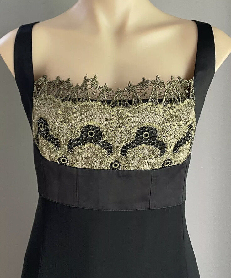STUDIBAKER Long Gown Black Gold Lace Trim Criss Cross Back Maxi A-Line Dress 14