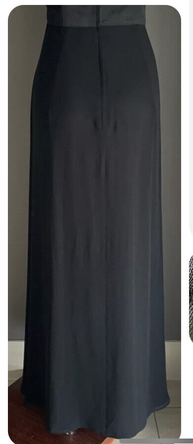 STUDIBAKER Long Gown Black Gold Lace Trim Criss Cross Back Maxi A-Line Dress 14