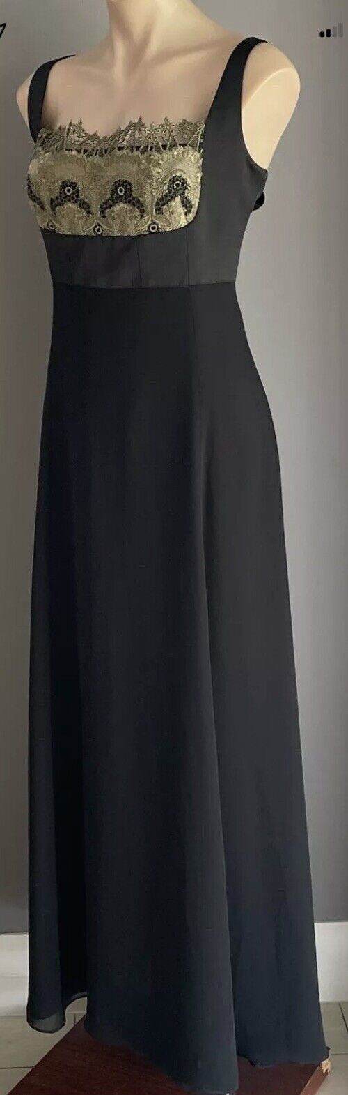 STUDIBAKER Long Gown Black Gold Lace Trim Criss Cross Back Maxi A-Line Dress 14