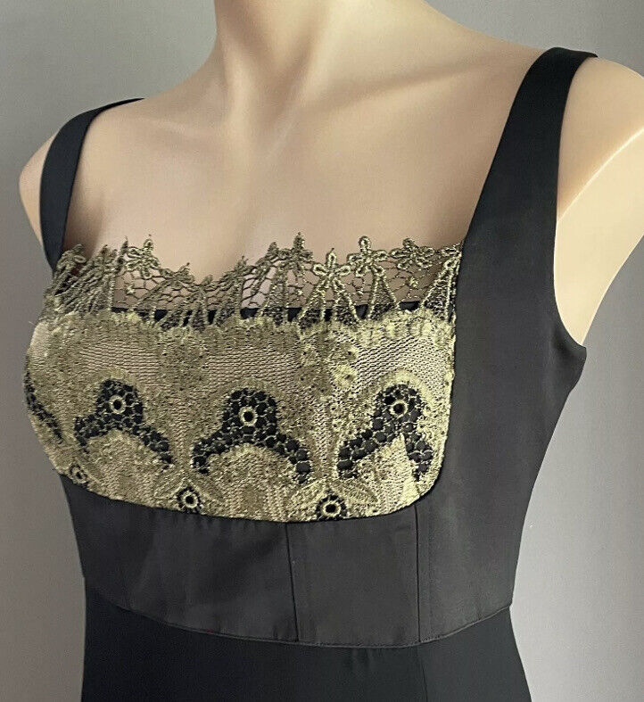 STUDIBAKER Long Gown Black Gold Lace Trim Criss Cross Back Maxi A-Line Dress 14