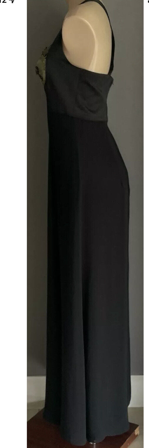 STUDIBAKER Long Gown Black Gold Lace Trim Criss Cross Back Maxi A-Line Dress 14