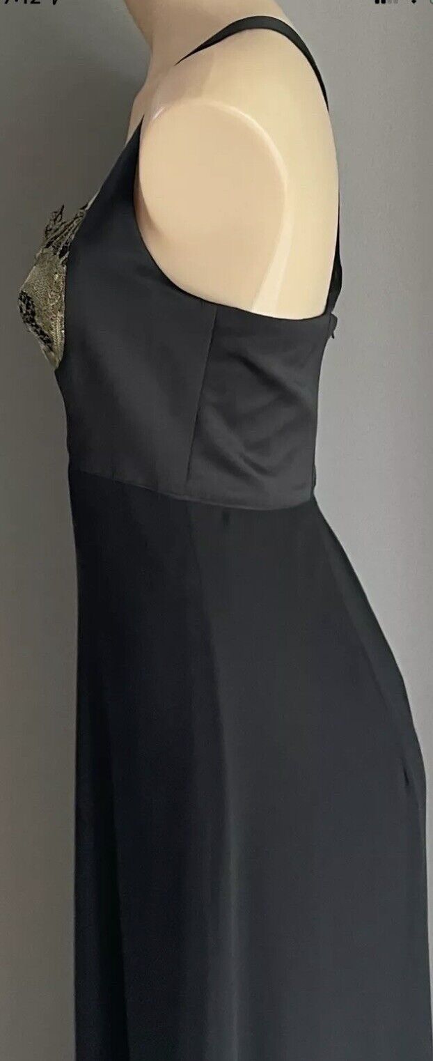 STUDIBAKER Long Gown Black Gold Lace Trim Criss Cross Back Maxi A-Line Dress 14