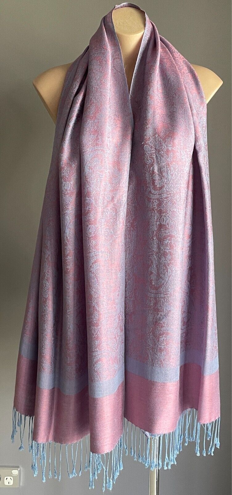 Cashmere Silk  Pashmina Scarf Fringed Neck Wrap Pink Light Blue Paisley Shawl
