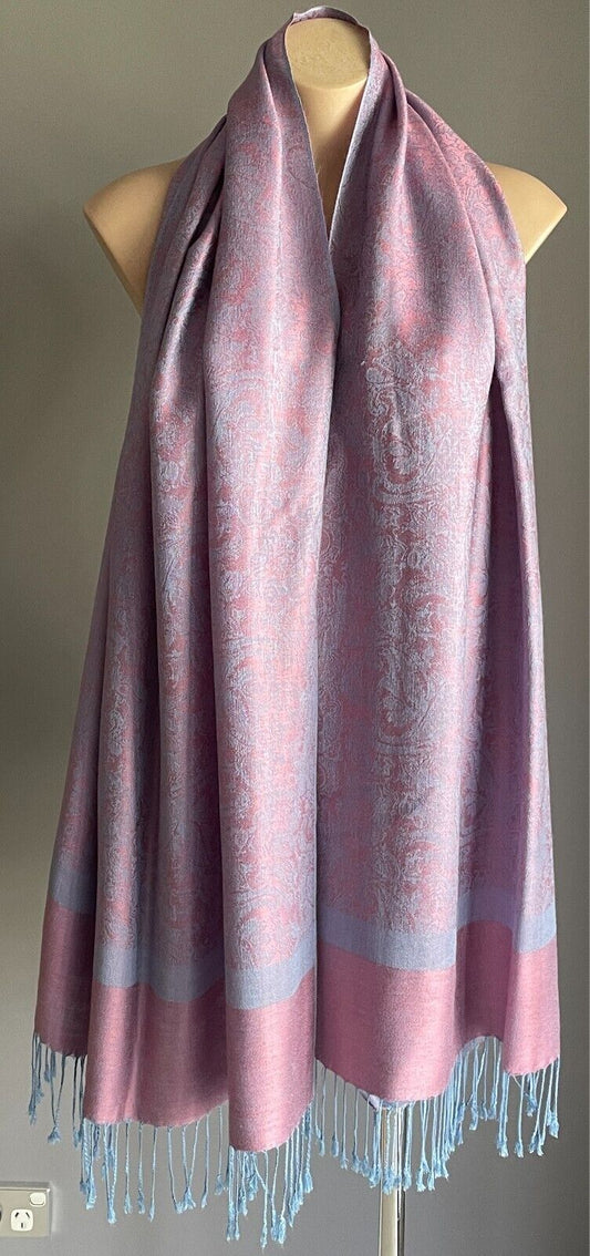 Cashmere Silk  Pashmina Scarf Fringed Neck Wrap Pink Light Blue Paisley Shawl