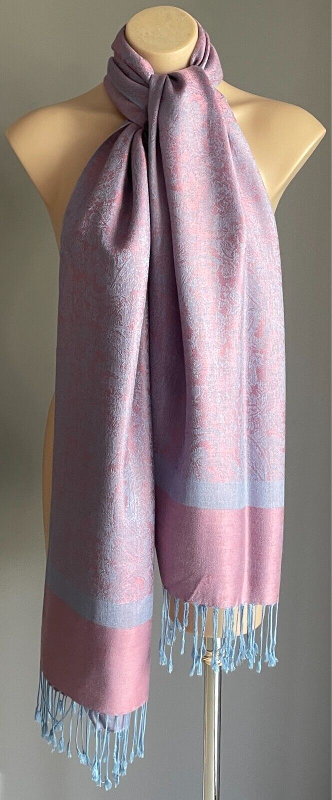 Cashmere Silk  Pashmina Scarf Fringed Neck Wrap Pink Light Blue Paisley Shawl