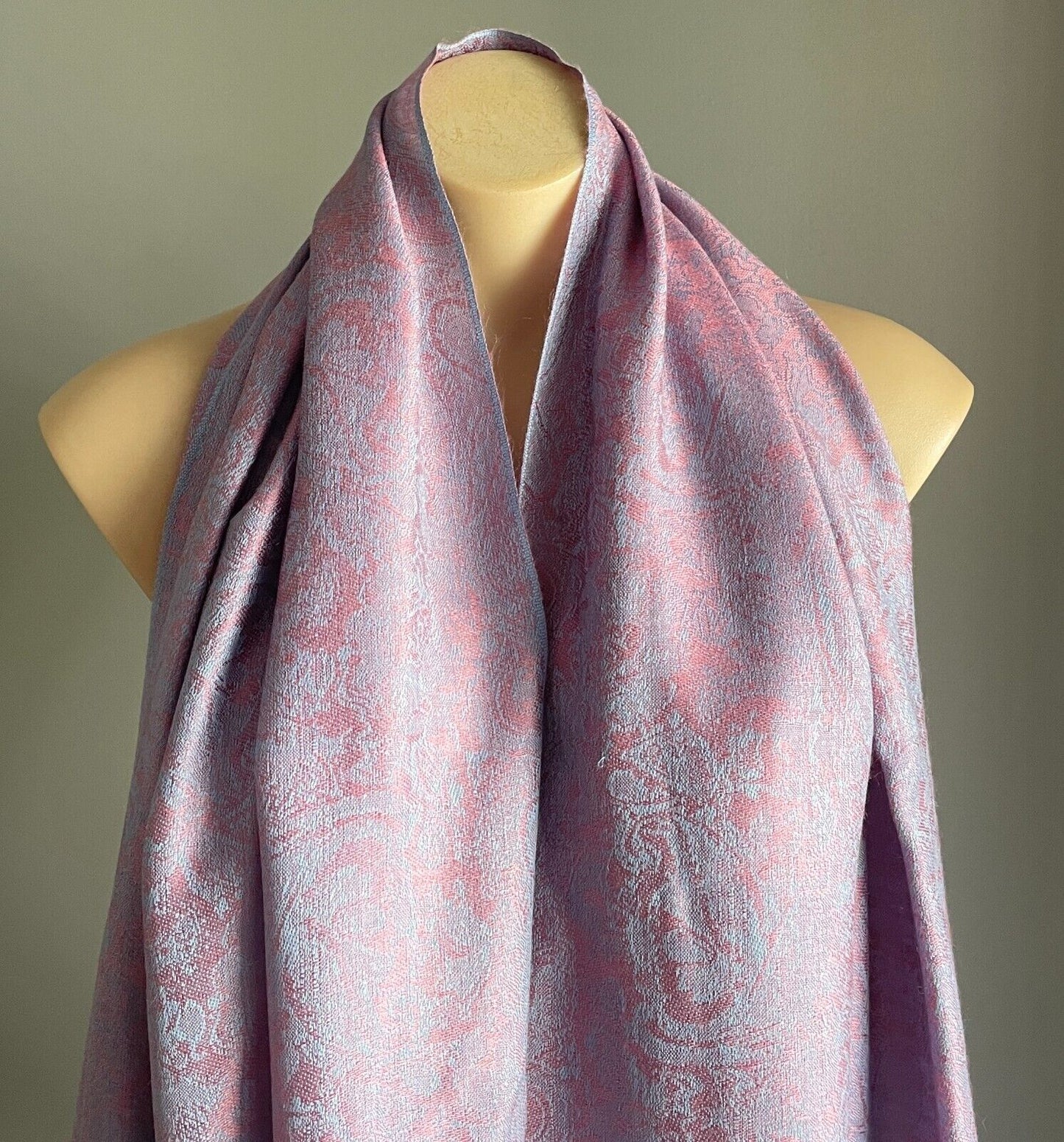 Cashmere Silk  Pashmina Scarf Fringed Neck Wrap Pink Light Blue Paisley Shawl