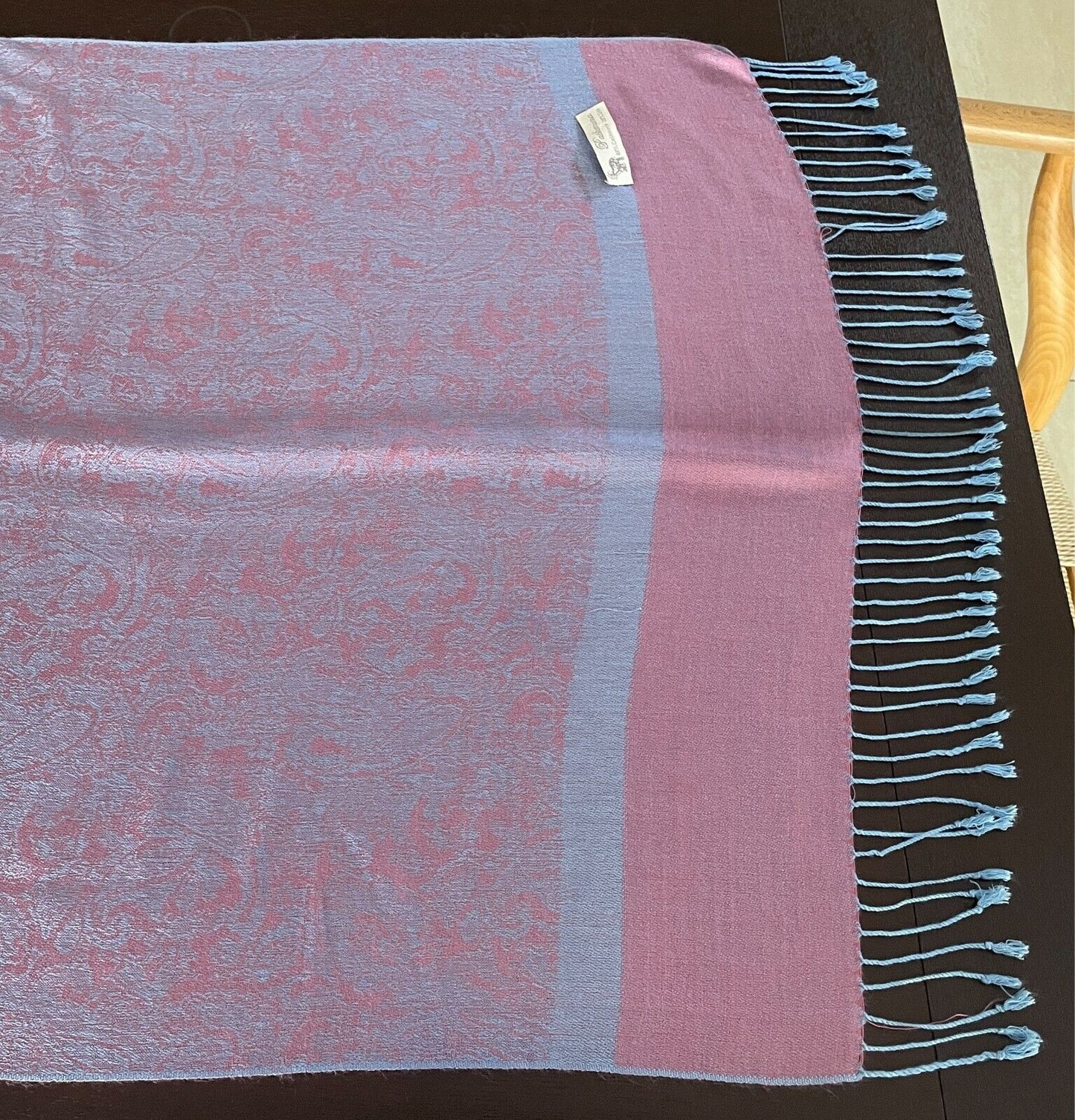 Cashmere Silk  Pashmina Scarf Fringed Neck Wrap Pink Light Blue Paisley Shawl
