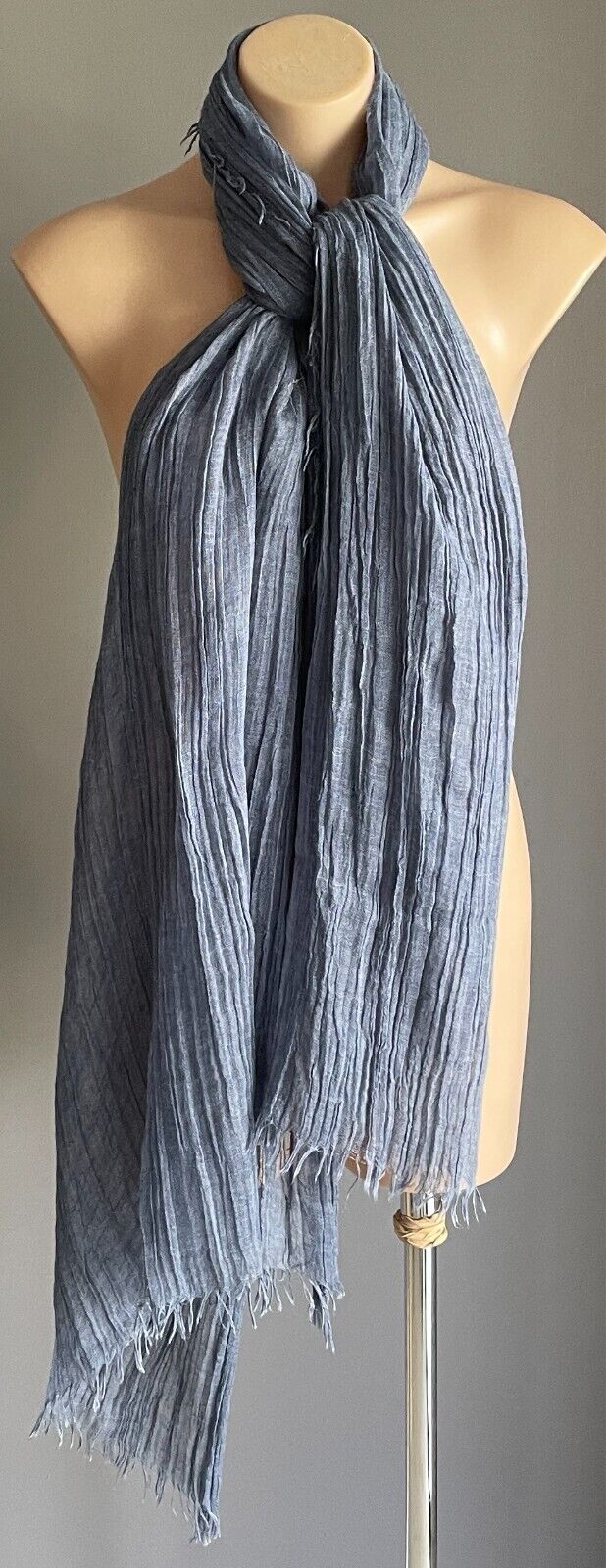 Fringed Neck SCARF Wrap Shawl Blue Denim Colour Wrinkle Look Fabric Rectangle