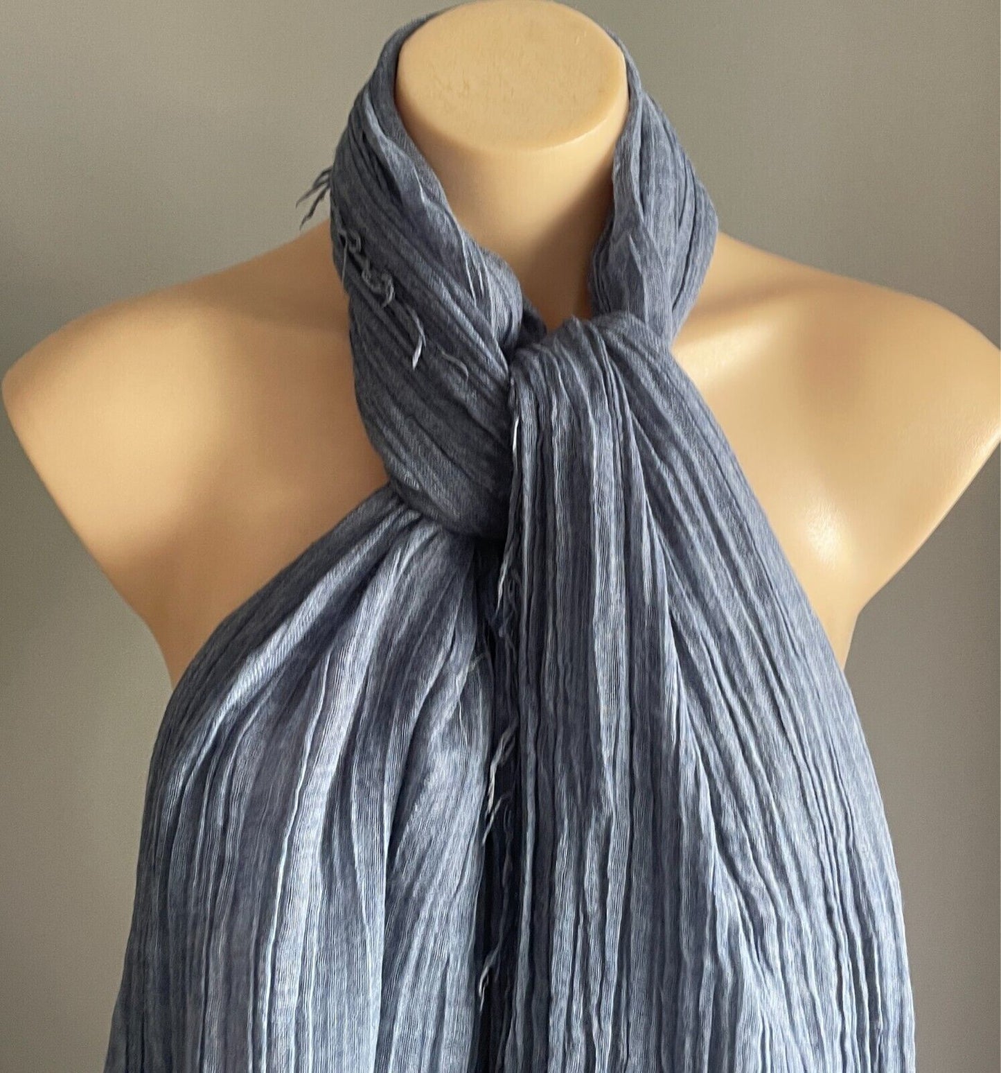 Fringed Neck SCARF Wrap Shawl Blue Denim Colour Wrinkle Look Fabric Rectangle