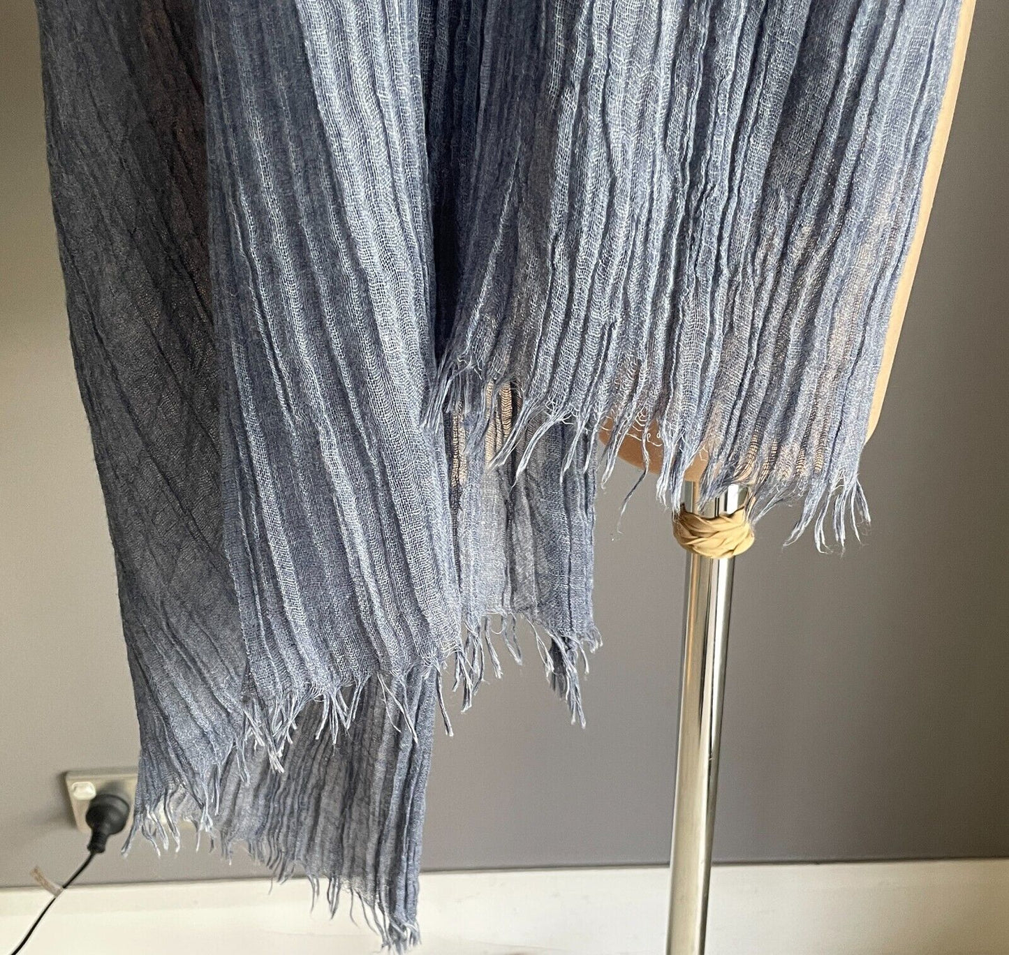 Fringed Neck SCARF Wrap Shawl Blue Denim Colour Wrinkle Look Fabric Rectangle