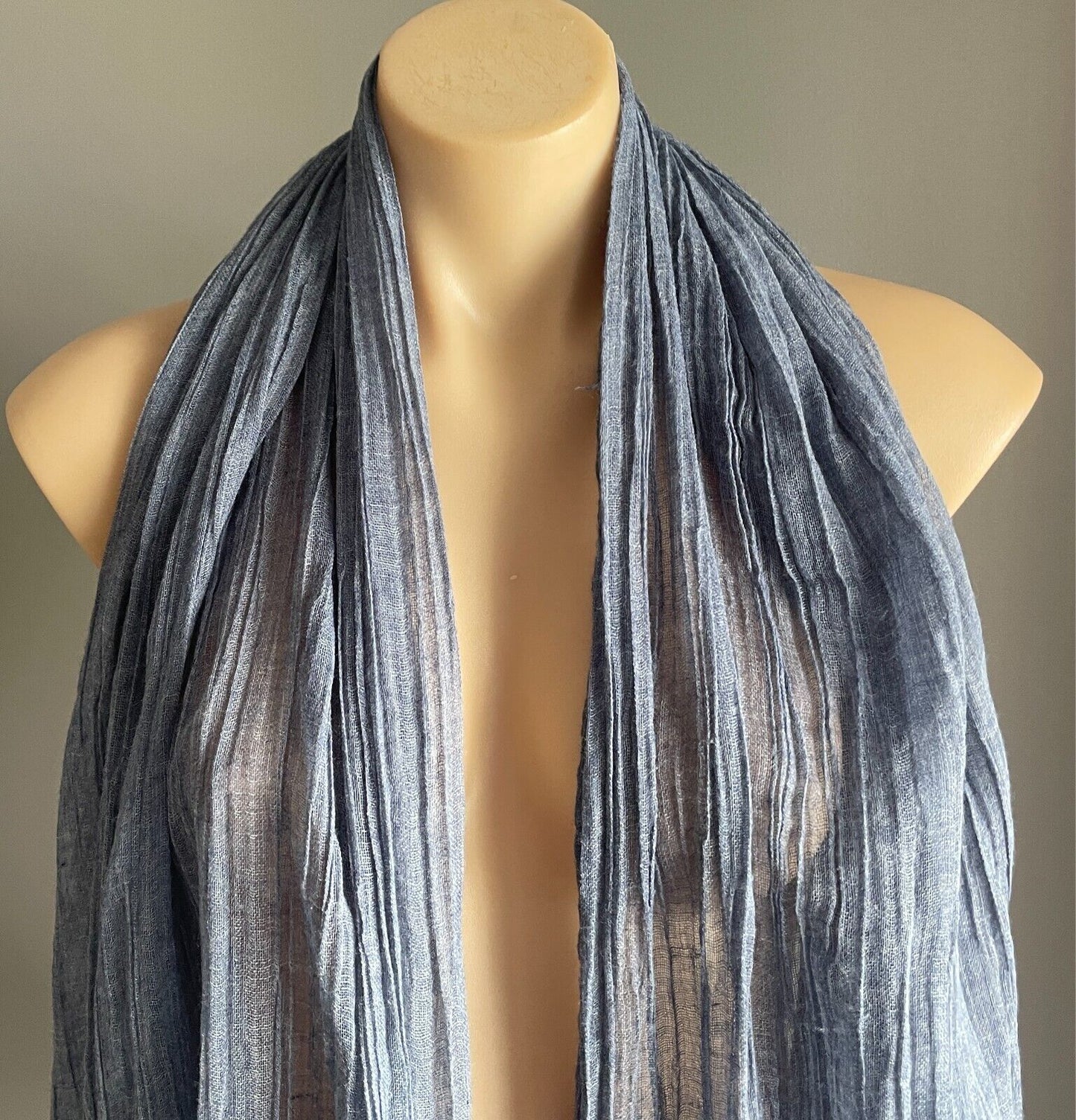 Fringed Neck SCARF Wrap Shawl Blue Denim Colour Wrinkle Look Fabric Rectangle