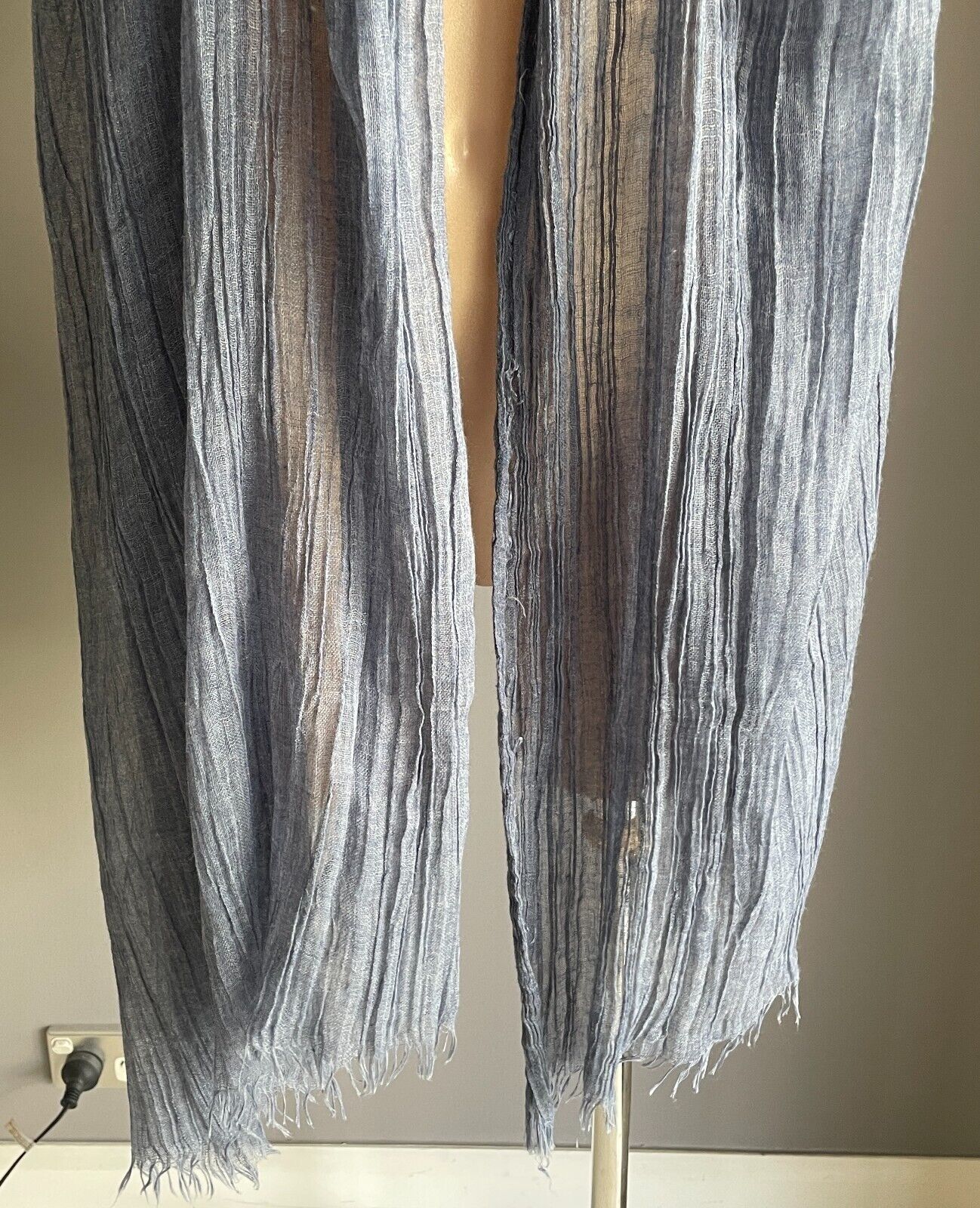 Fringed Neck SCARF Wrap Shawl Blue Denim Colour Wrinkle Look Fabric Rectangle