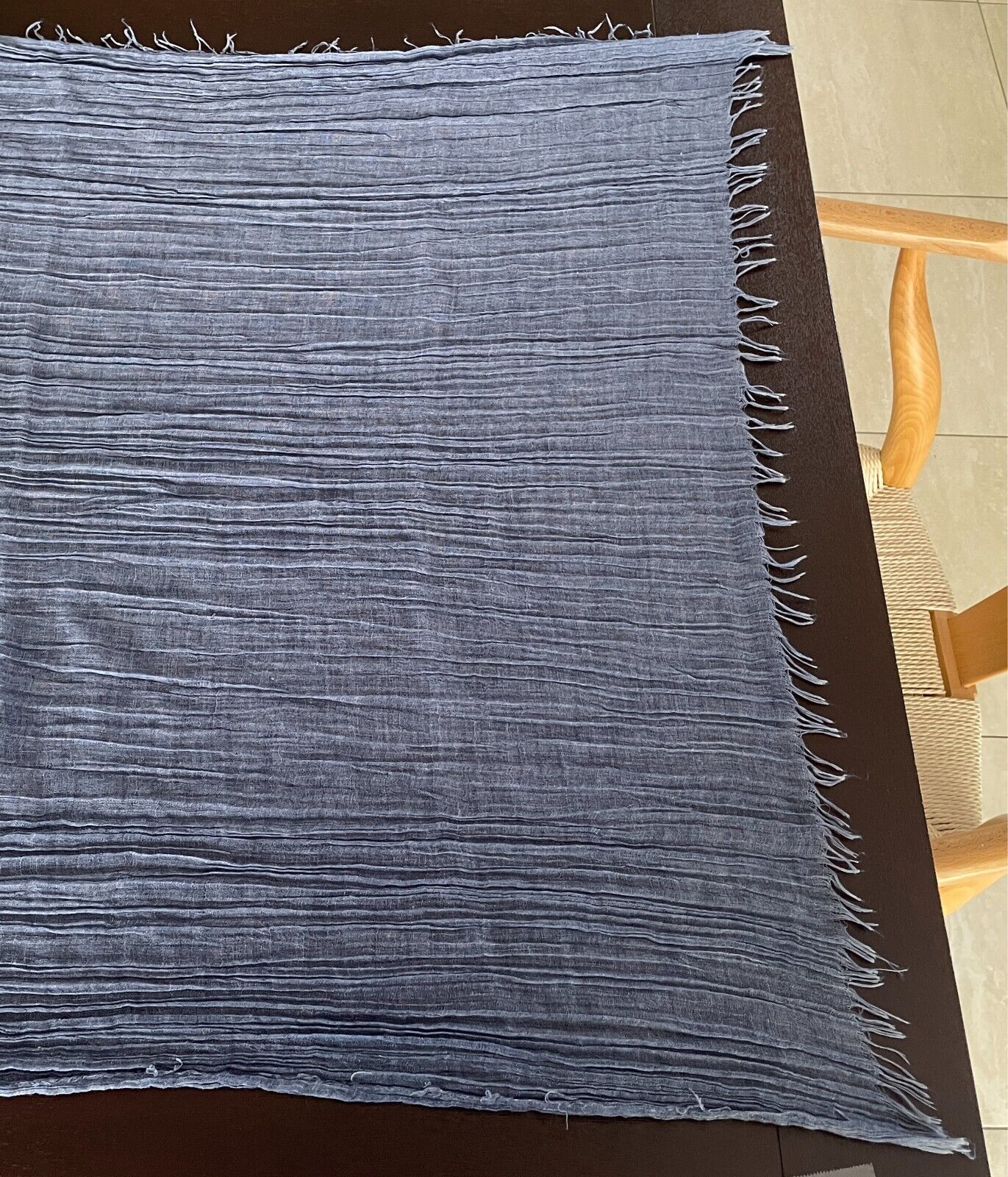 Fringed Neck SCARF Wrap Shawl Blue Denim Colour Wrinkle Look Fabric Rectangle