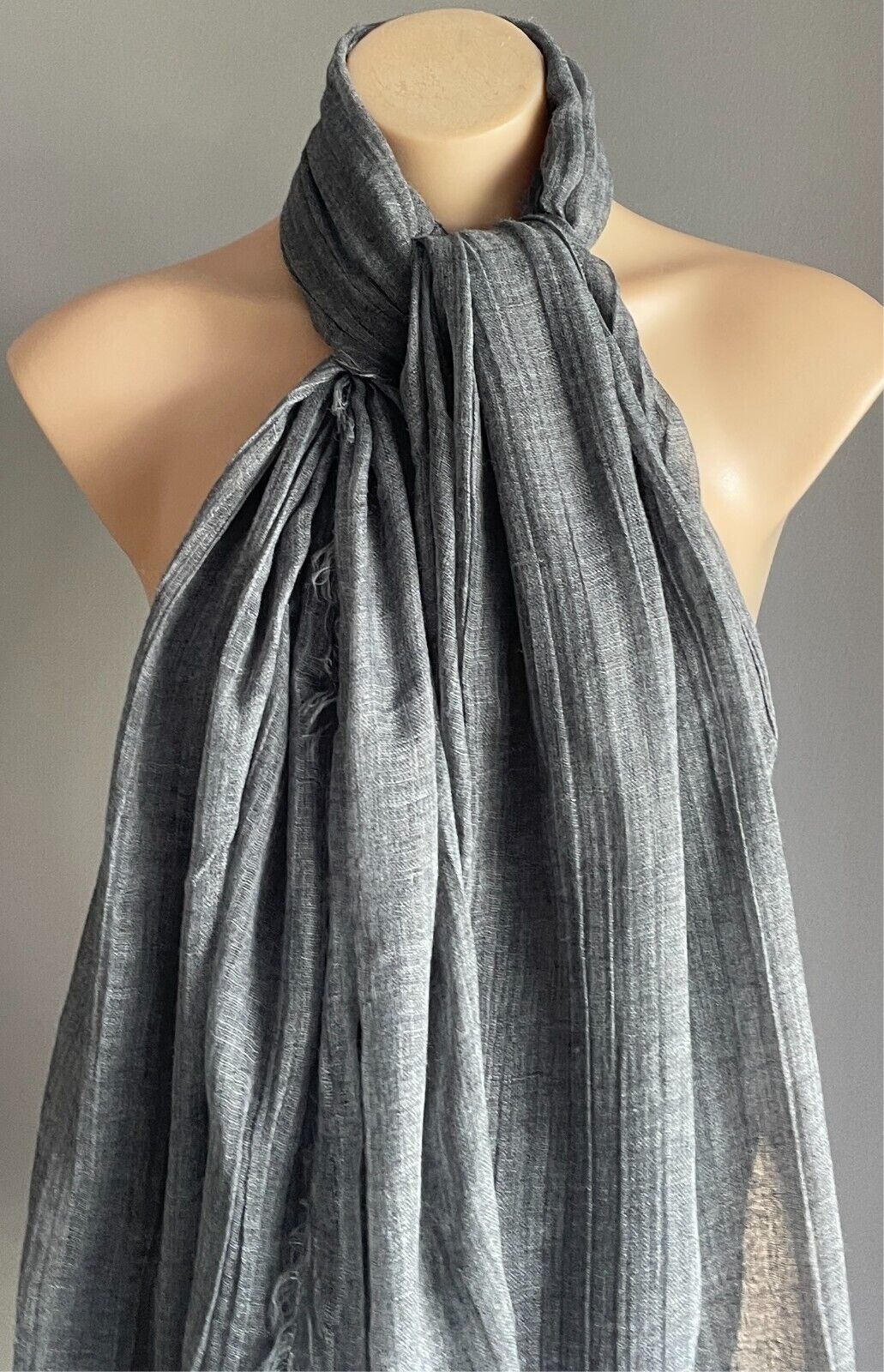 Fringed Neck SCARF Wrap Shawl Grey Colour Wrinkle Look Fabric Rectangle