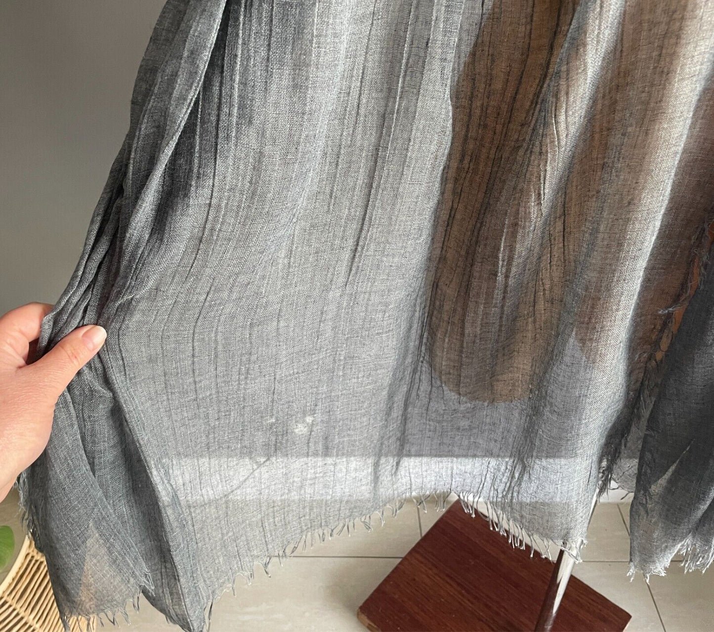 Fringed Neck SCARF Wrap Shawl Grey Colour Wrinkle Look Fabric Rectangle