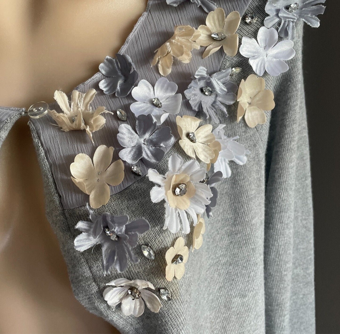 Grey Fine Knit Sheer Fabric Cardigan Long Sleeve 3D Flowers w Crystal Size 14