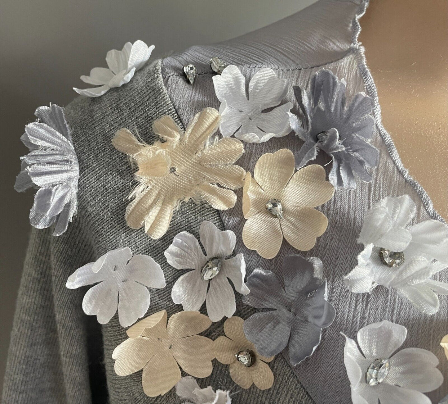Grey Fine Knit Sheer Fabric Cardigan Long Sleeve 3D Flowers w Crystal Size 14