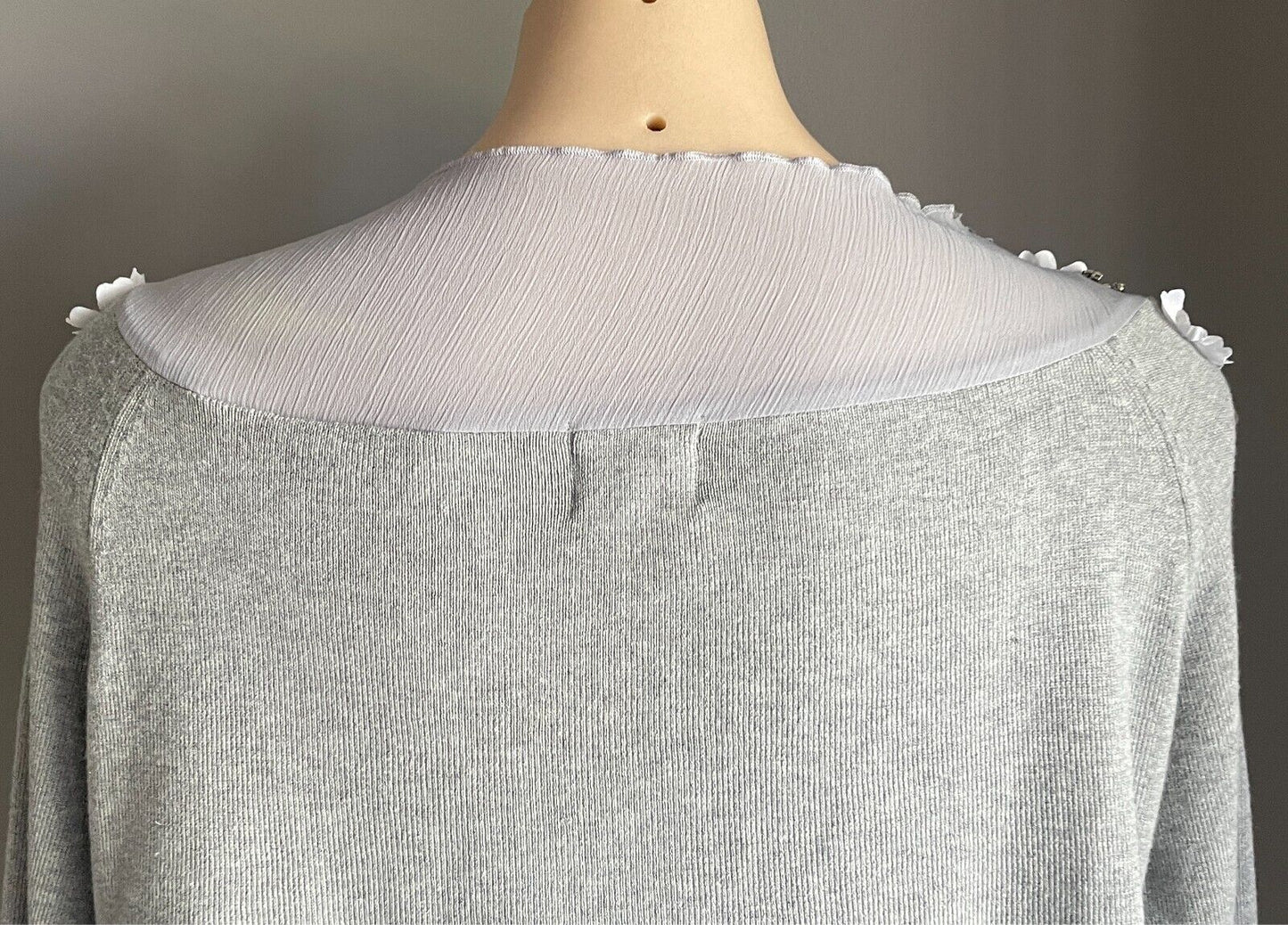 Grey Fine Knit Sheer Fabric Cardigan Long Sleeve 3D Flowers w Crystal Size 14