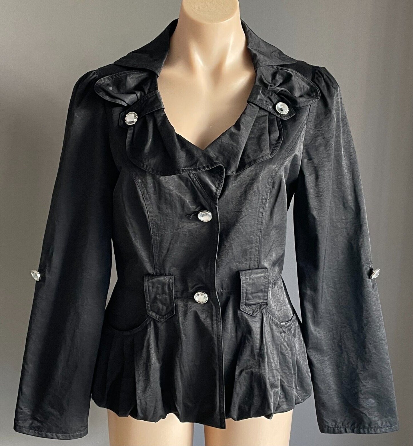 Tailored Jacket Black Adjustable Long Sleeves Size 12 Crystal Buttons - NO BELT