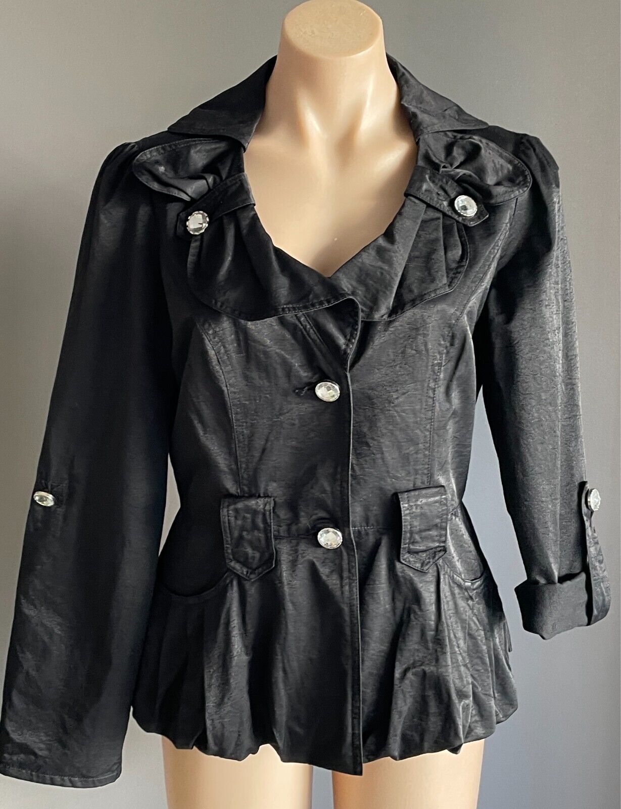 Tailored Jacket Black Adjustable Long Sleeves Size 12 Crystal Buttons - NO BELT