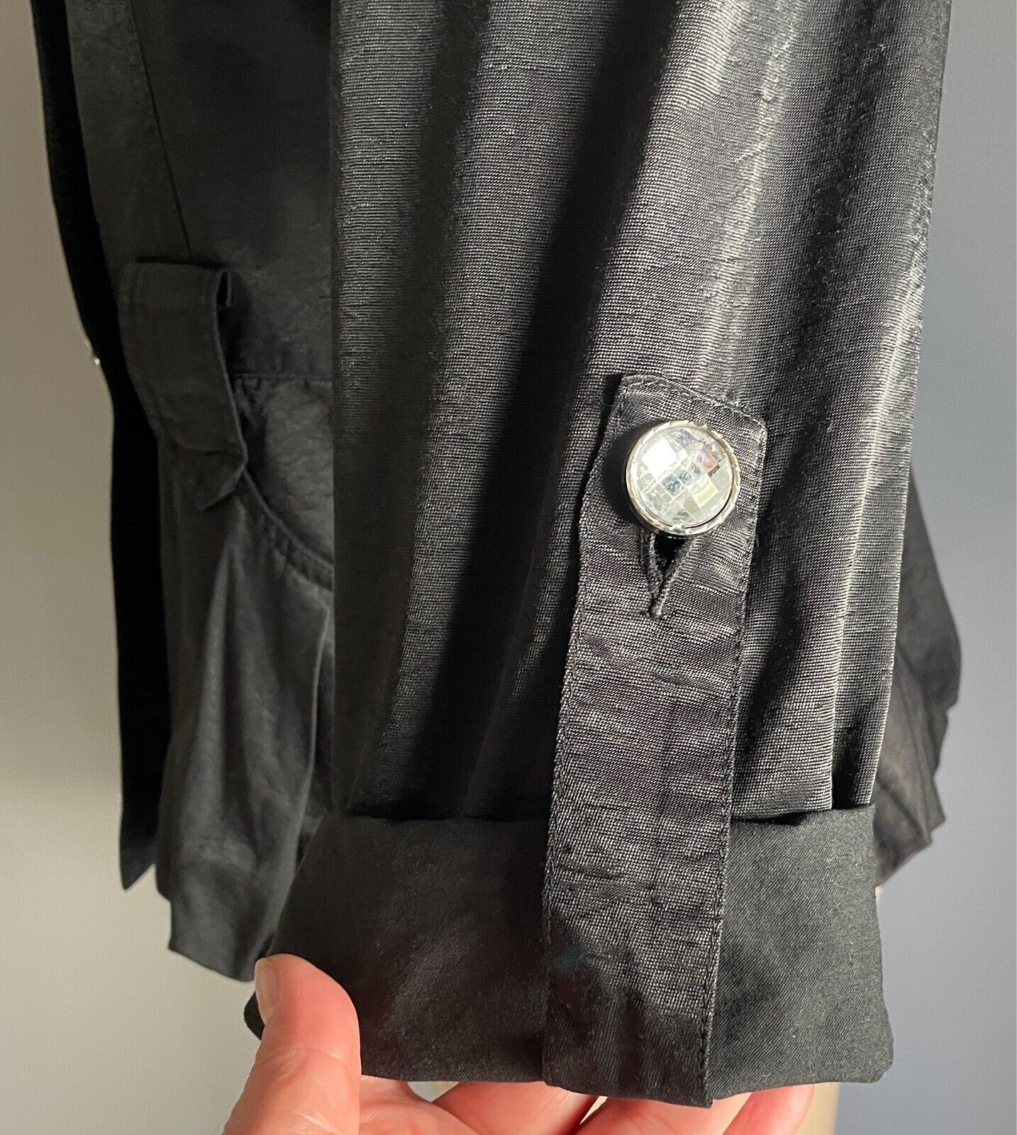 Tailored Jacket Black Adjustable Long Sleeves Size 12 Crystal Buttons - NO BELT