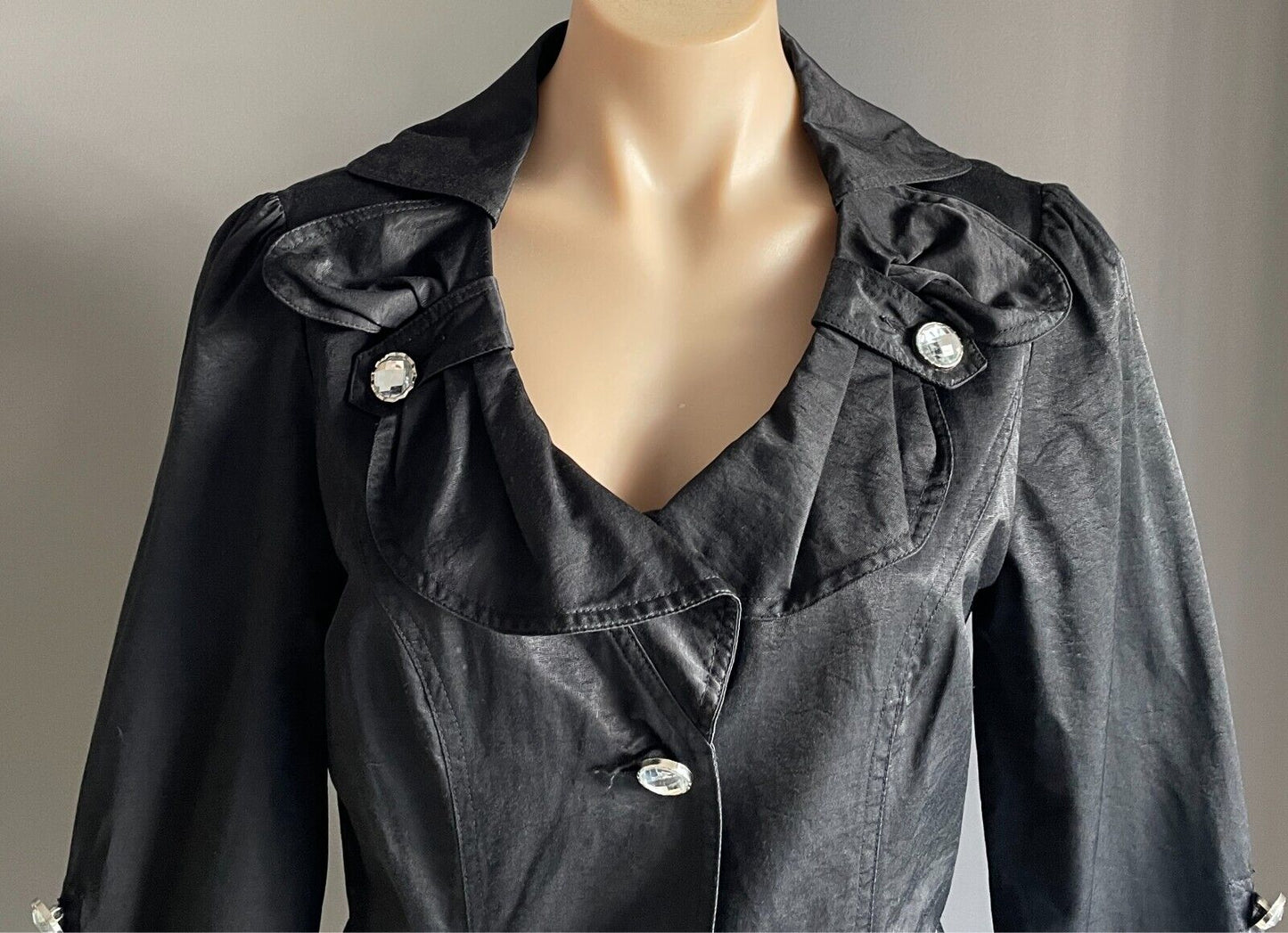 Tailored Jacket Black Adjustable Long Sleeves Size 12 Crystal Buttons - NO BELT