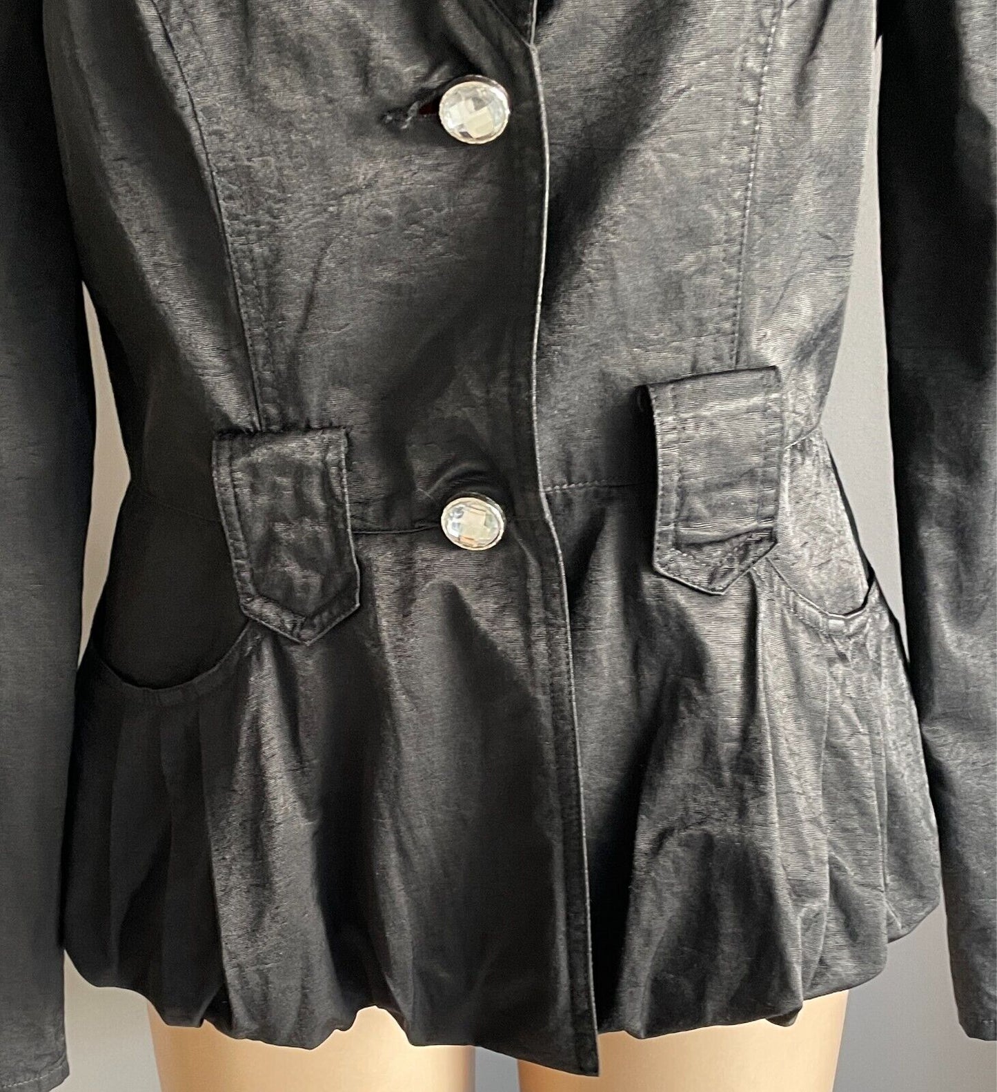 Tailored Jacket Black Adjustable Long Sleeves Size 12 Crystal Buttons - NO BELT