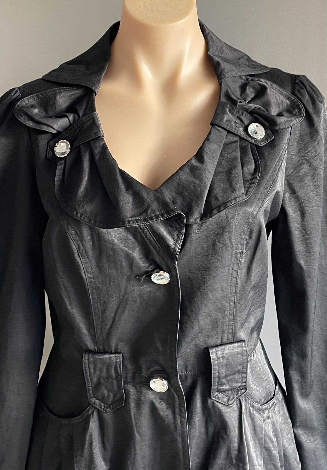 Tailored Jacket Black Adjustable Long Sleeves Size 12 Crystal Buttons - NO BELT