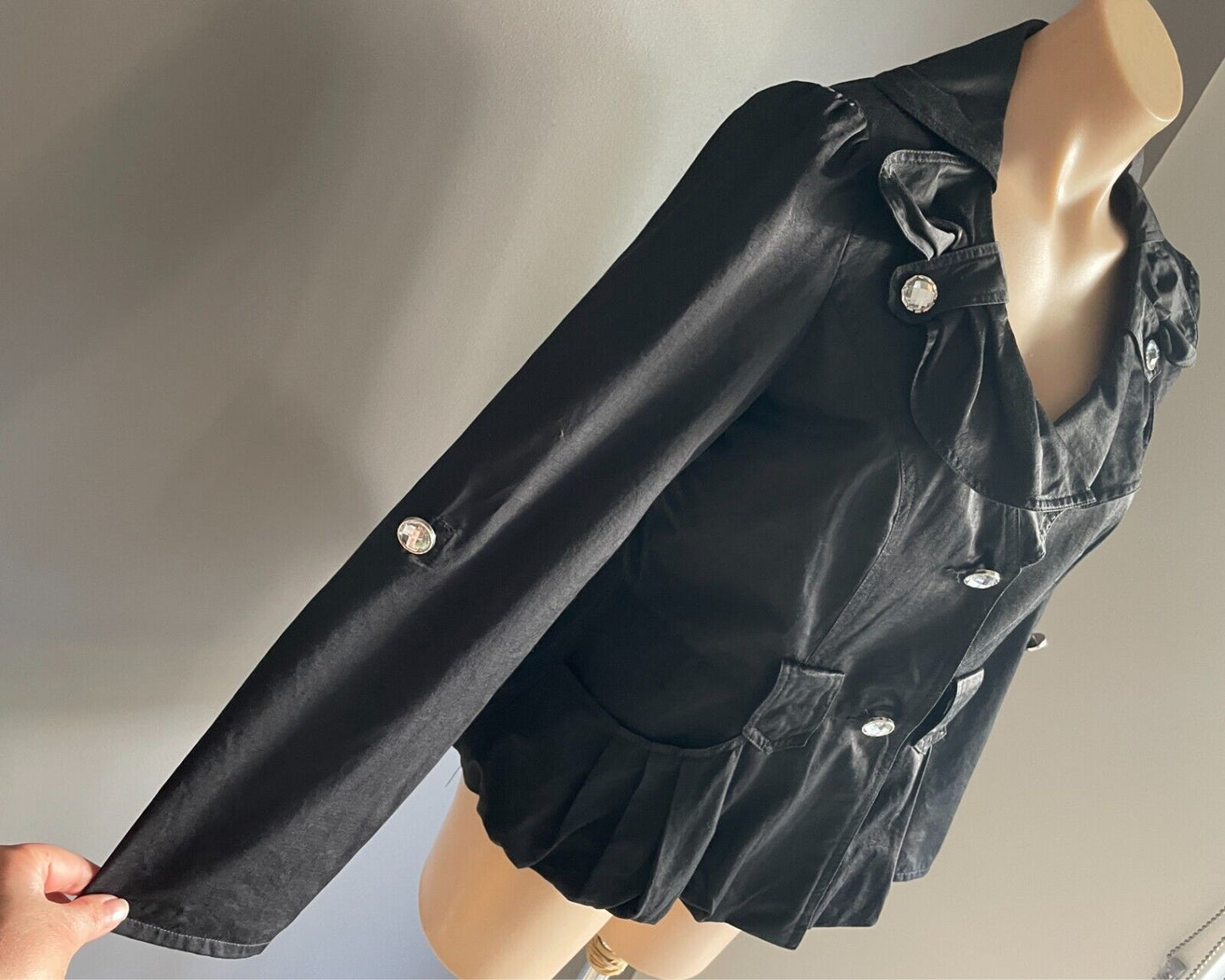 Tailored Jacket Black Adjustable Long Sleeves Size 12 Crystal Buttons - NO BELT
