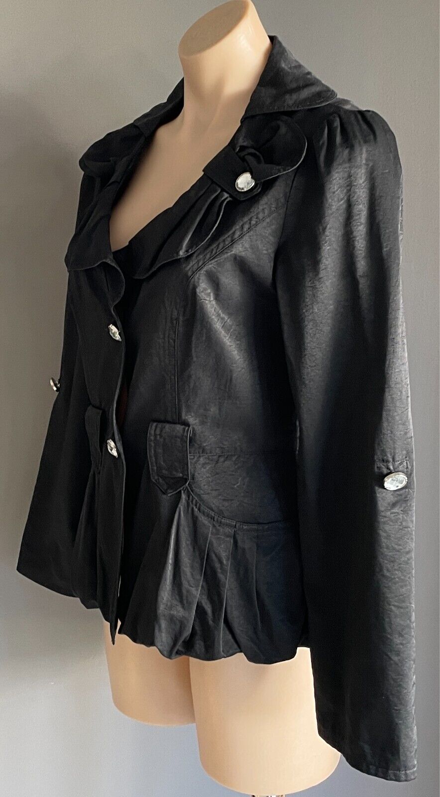 Tailored Jacket Black Adjustable Long Sleeves Size 12 Crystal Buttons - NO BELT