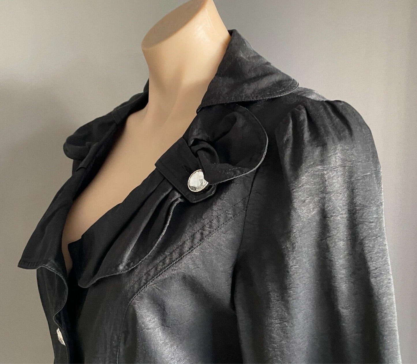 Tailored Jacket Black Adjustable Long Sleeves Size 12 Crystal Buttons - NO BELT